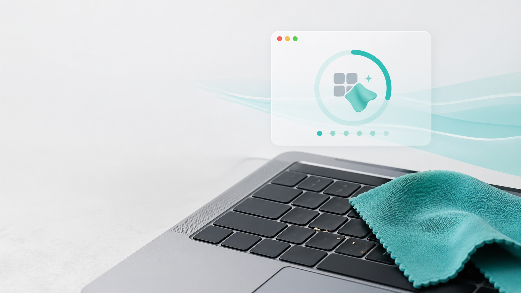 A teal cloth wiping a Mac keyboard while KeyClean shows a countdown window.