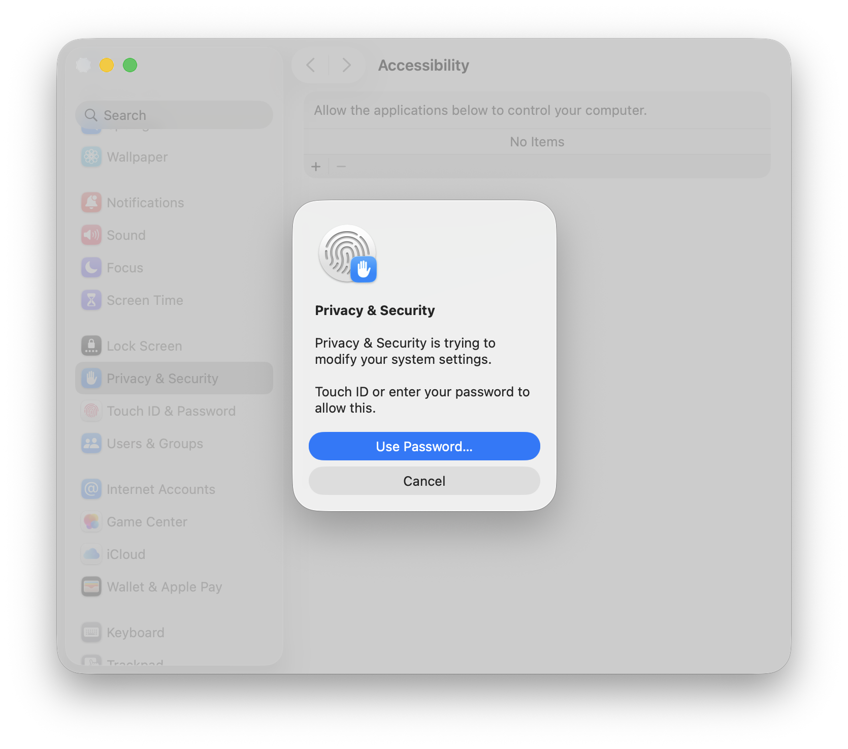 macOS confirmation dialog for changing Privacy and Security settings.