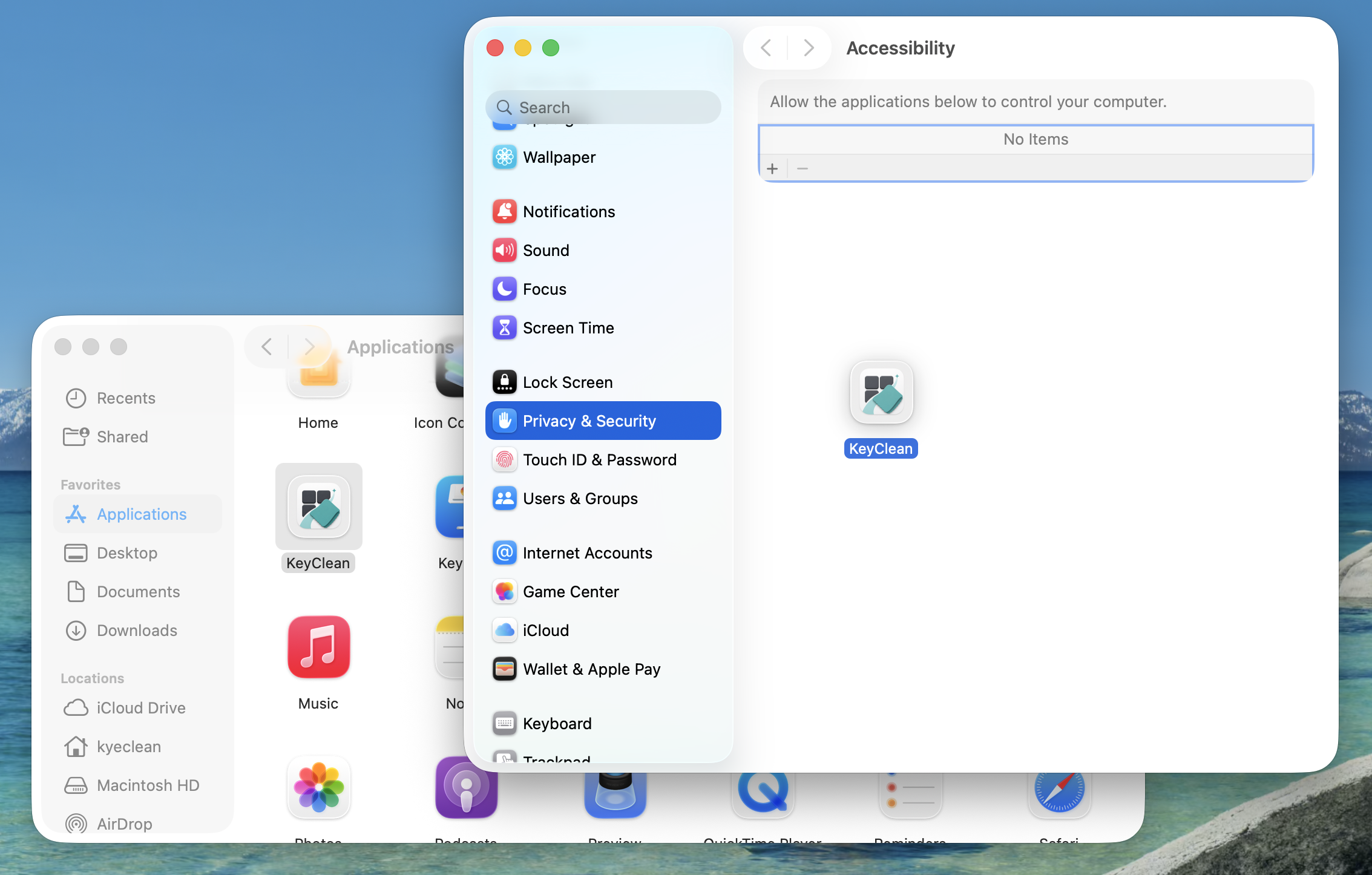 KeyClean being dragged from the Applications folder into the Accessibility list in System Settings.
