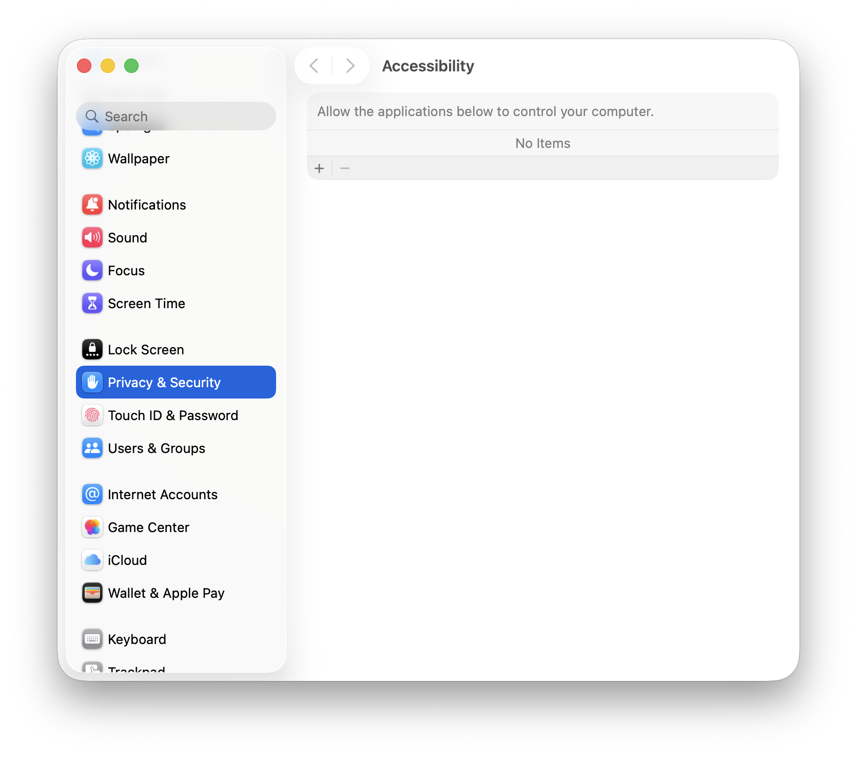 macOS System Settings showing Privacy and Security Accessibility with no items in the list.