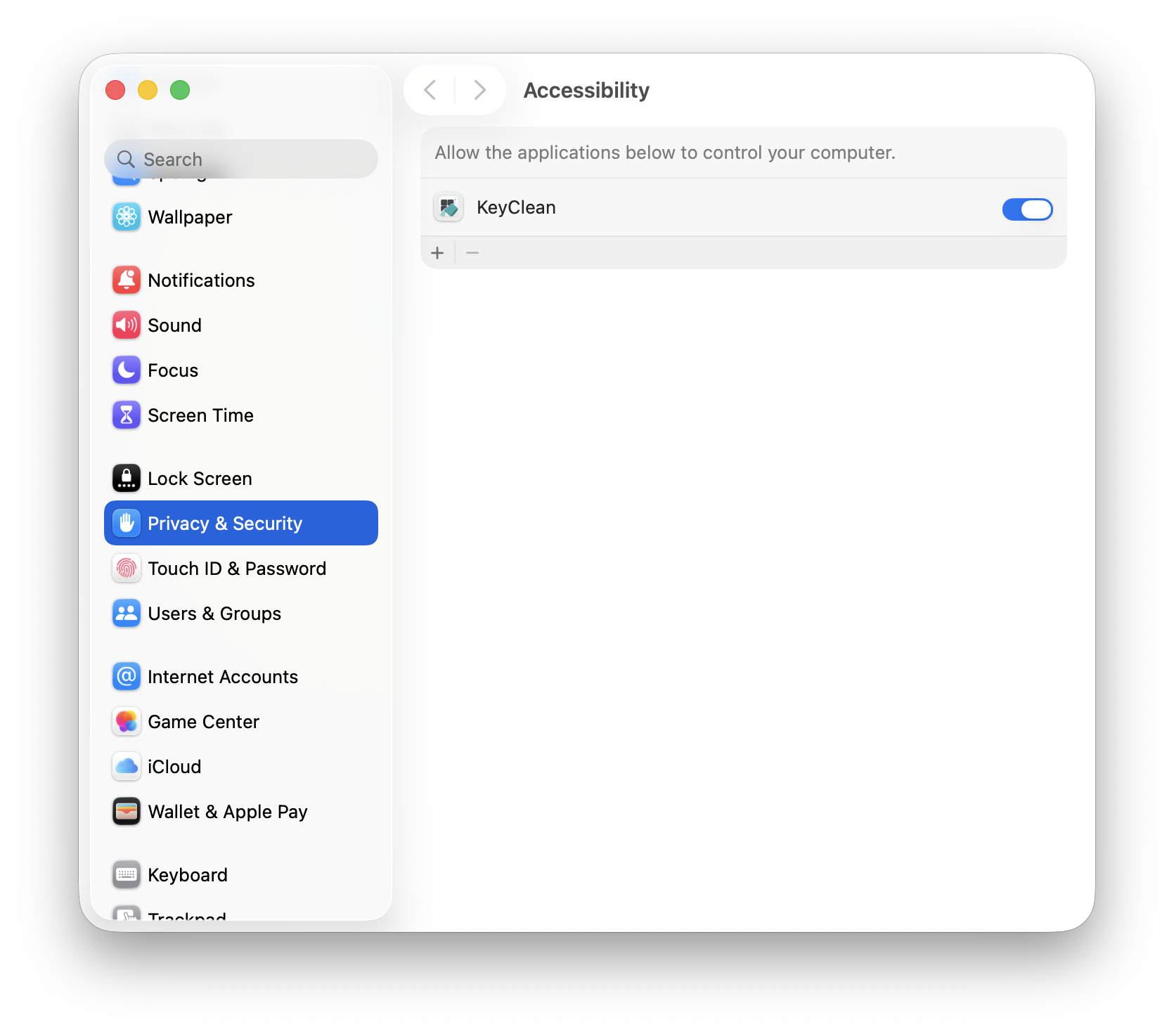 macOS Accessibility list showing KeyClean turned on.