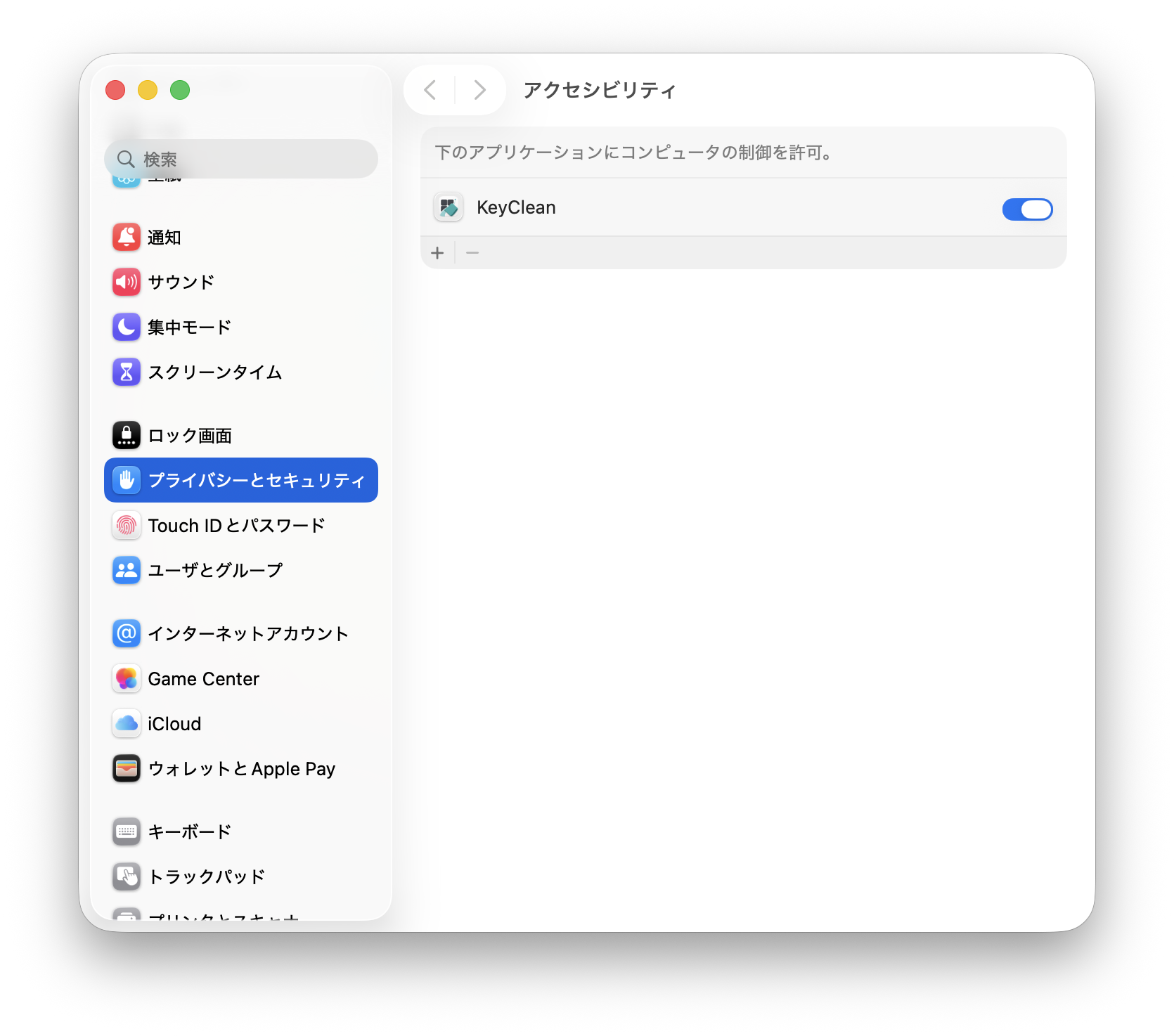 アクセシビリティ設定でKeyCleanのスイッチがオンになっている画面。
