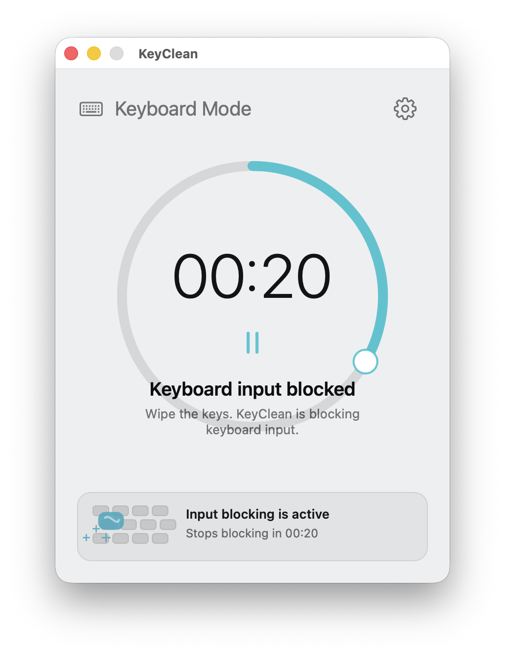 KeyClean showing keyboard input blocking with the remaining countdown.