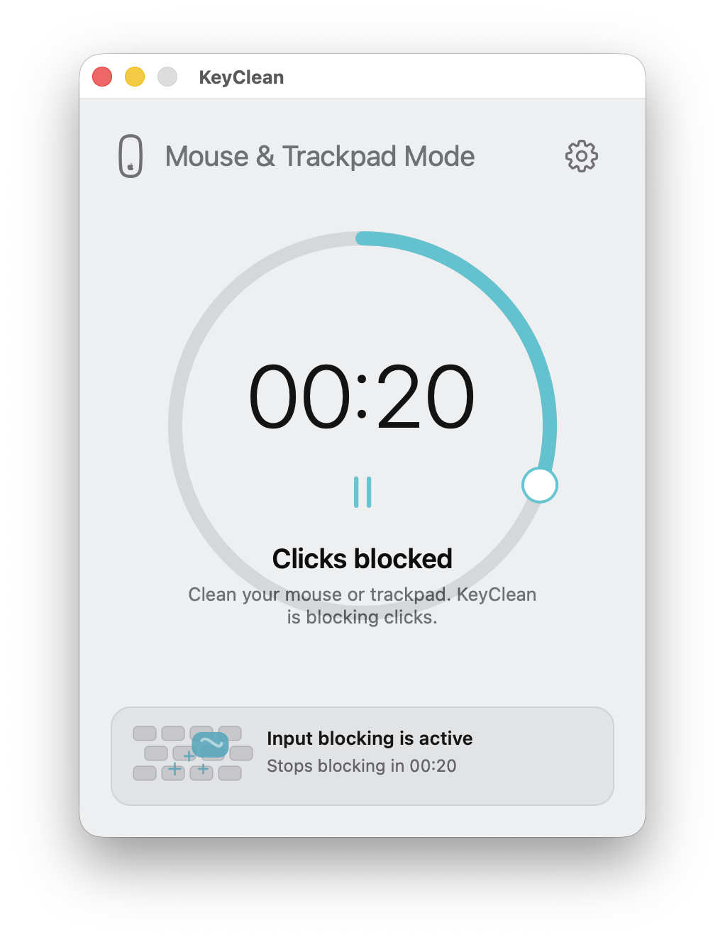 KeyClean showing click blocking in Mouse and Trackpad Mode.