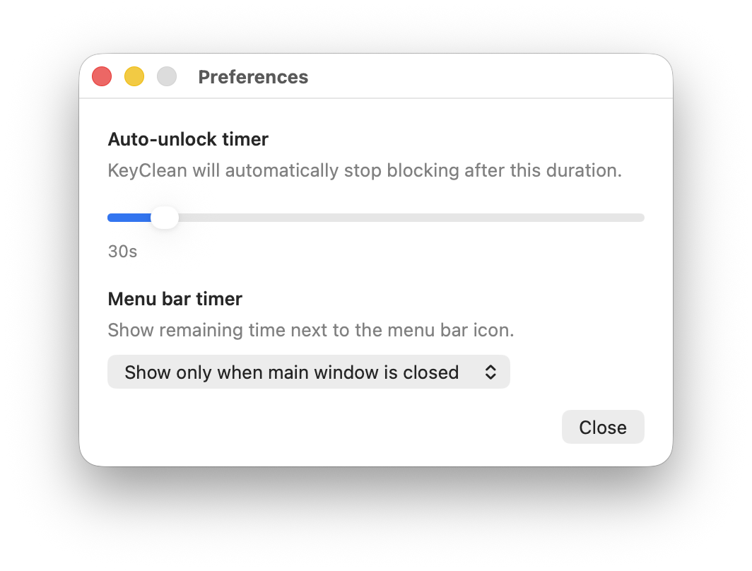 KeyClean preferences with auto-unblock timer and menu bar timer settings.