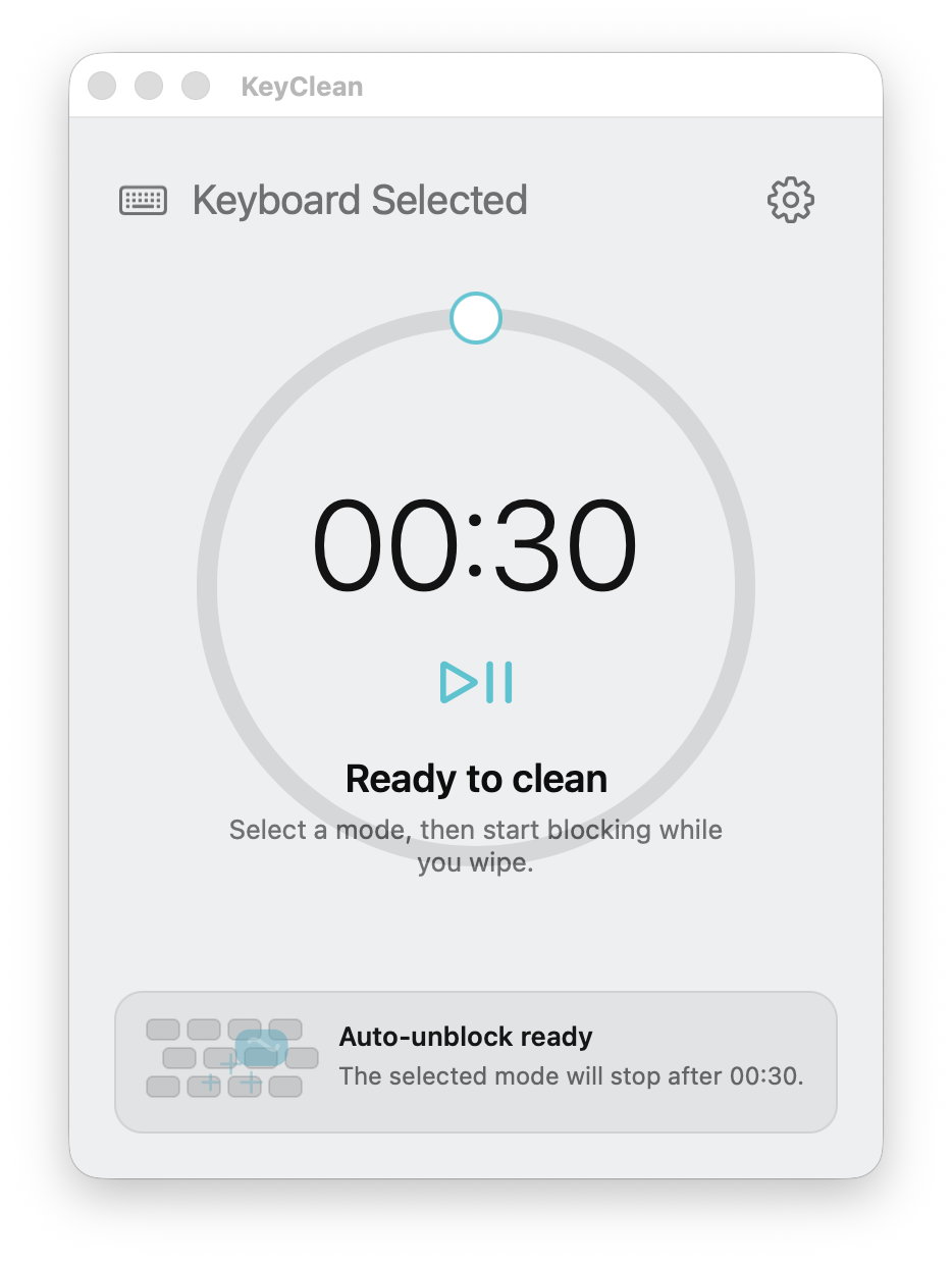 KeyClean before starting, with Keyboard Selected and a 30 second auto-unblock timer.